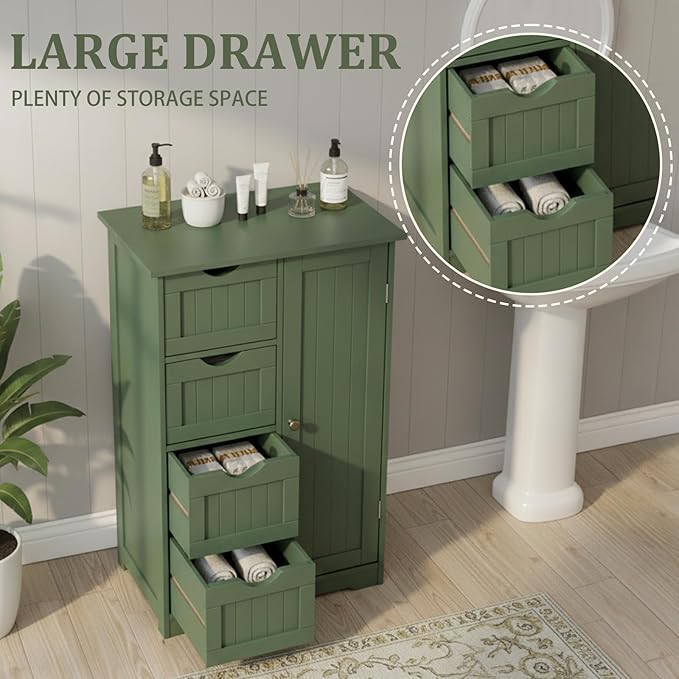 Karl home Freestanding Bathroom Floor Cabinet, Narrow Slim Skinny Storage Unit with 4 Drawers & 1 Cupboard, Towel Organizer for Bathroom, Compact Bath Storage, Forest Green