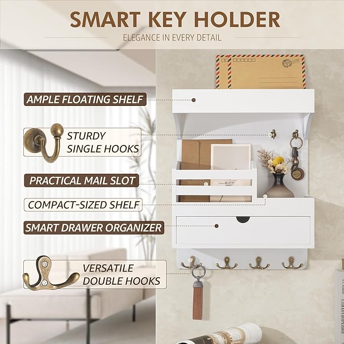 Rebee Vision Key Holder Wall Mount with Drawer Organizer – Pine Wooden Mail and Key Organizer with 6 Sturdy Hooks and Wall Shelf – Modern Living Room Decor for a Modern Home (White)