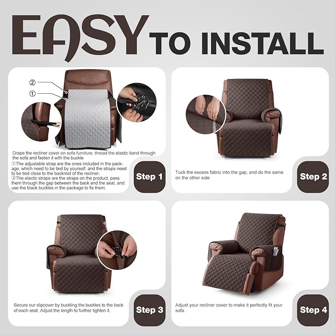 KinCam 100% Waterproof Recliner Chair Cover, Reclining Couch Covers for Pets, Dogs, Recliner Couch Slipcover Furniture Protector with Elastic Straps for Kids(30", Chocolate)