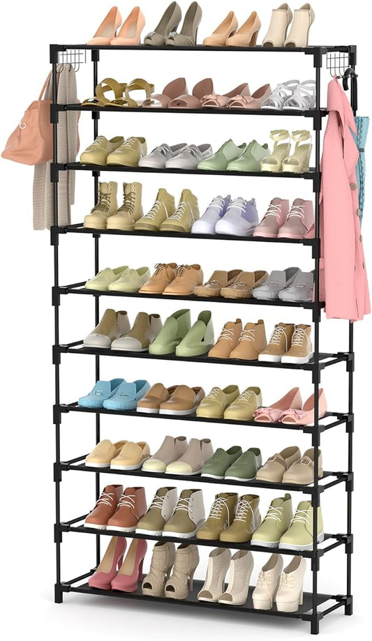 LANTEFUL 10 Tiers Shoe Rack 50 Pairs Large Capacity Tall Shoe Organizer Sturdy Shoe Storage with Two Hooks Space Saving Metal Wide Shoe Rack for Closet, Entryway, Bedroom, Black