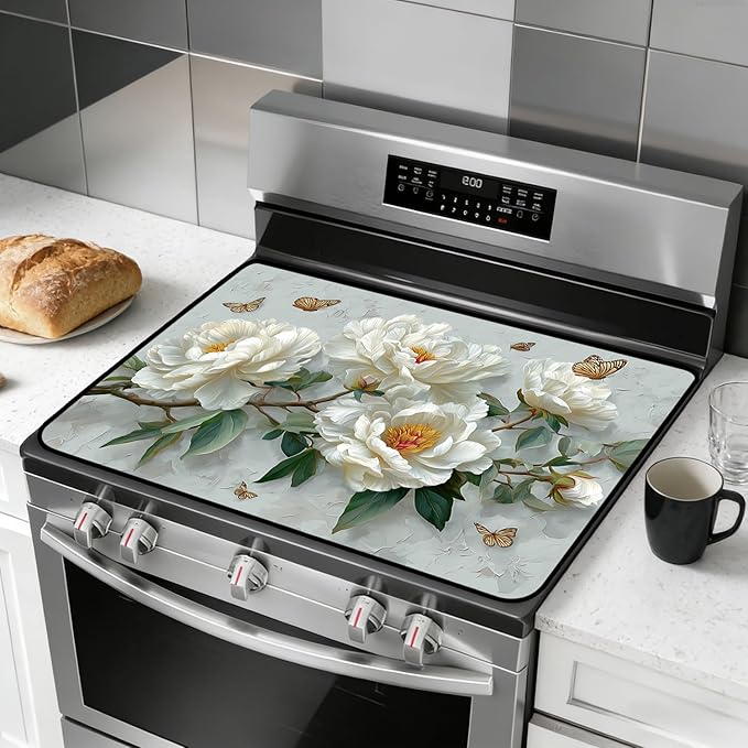 Glass Stove Top Covers for Electric Stove, Heat Resistant Counter Protector Mat, Non Slip Waterproof Surface Cover for Kitchen Counter and Cooktop (White Peonies, 28"L x 20"W)