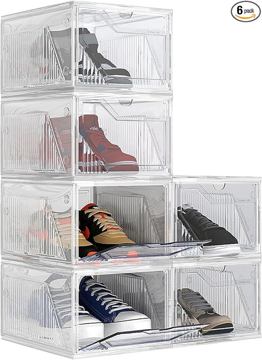 AWTATOS Shoe Boxes with Magnetic Door, Stackable Shoe Storage Organizer with Lids, Folding Shoe Rack for High Heels, Thickened Sneaker Storage Container, 6 Pack, Clear