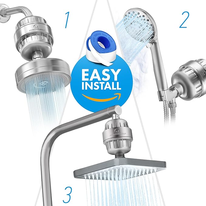 AquaHomeGroup 20 Stage Shower Head Filter with Vitamin C E A - High Output Water Filters to Remove Chlorine and Fluoride - 2 Cartridges Included - Consistent Flow Showerhead Filter