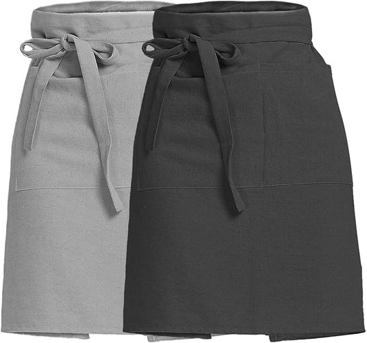 Cityelf Linen Server Apron Cotton Bistro Half Apron with Large Pockets Waist Kitchen Apron for Cooking Waitress