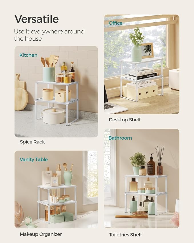 2-Piece Stackable Cabinet Organizer Shelf Set - Expandable Kitchen Spice Rack Storage in White