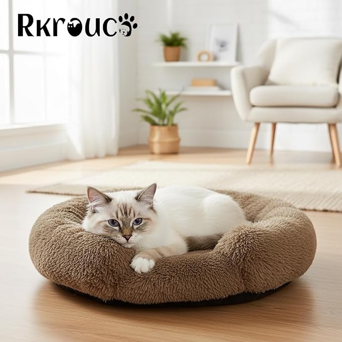 Fluffy Dog Bed Calming Donut Beds for Large Dogs Warming Round Small Medium Pet Nest Cozy Cat Mattress Indoor Washable Puppy Kennel Kittens Sleep Mat (XS, 20×20 inch, Light Brown)