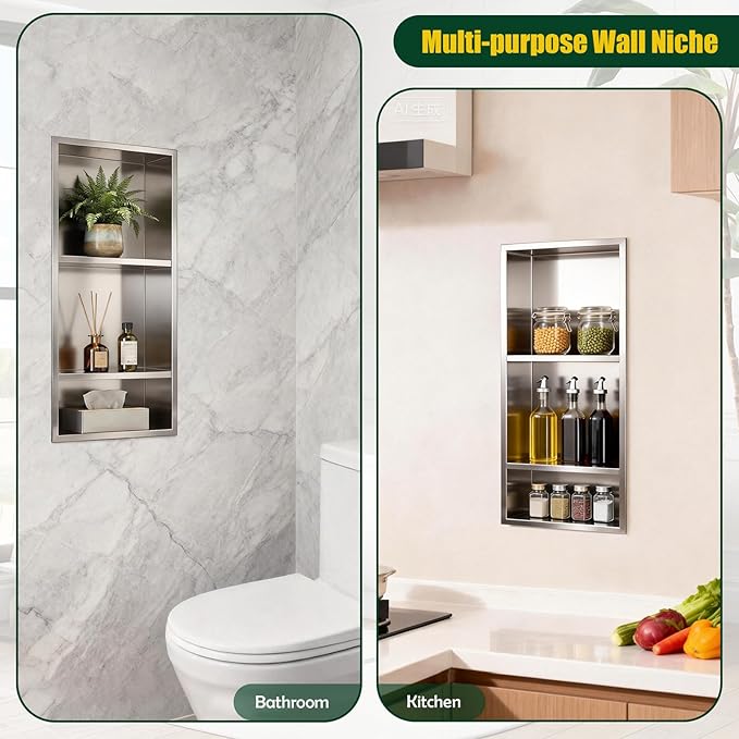 EasyVibe 3-Tier 304 Stainless Steel Shower Niche 30 x 12 Inch, No Tile Needed Large Recessed Wall Insert with Three Shelves, Brushed Metal Waterproof Storage for Bathroom & Wet Room, Sliver