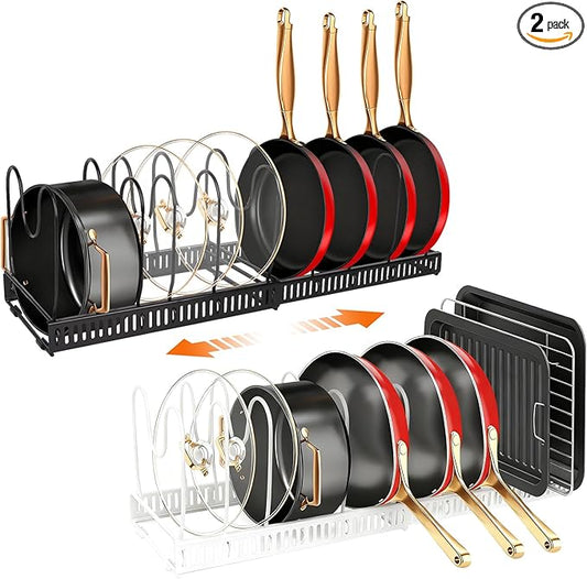 2 Pack Expandable Pot and Pan Organizer (11.8"-23") for Kitchen Cabinet - Under Sink Storage Rack with 13 Adjustable Dividers for Lids, Baking Sheets - Black & White, Tool-Free Assembly