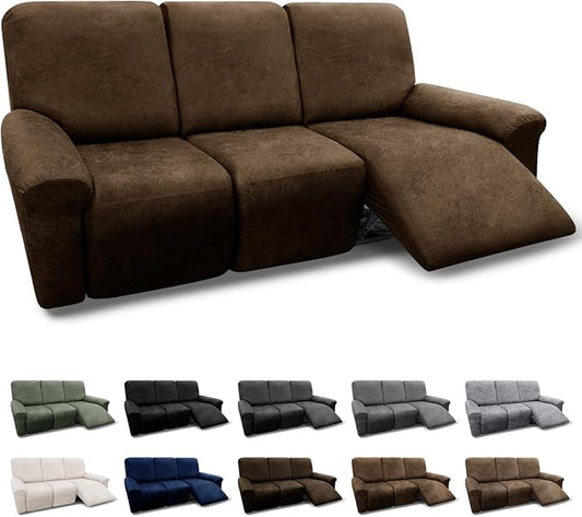 Couch Cover 8-Piece Set Washable Recliner Sofa Slipcovers 3 Seater Leather Look Fabric with Pockets (Dark Brown)