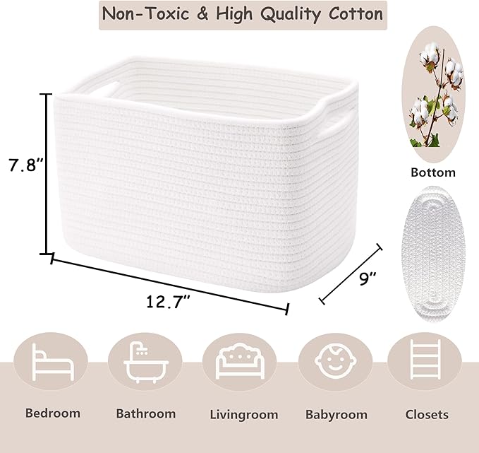 Set of 4 White Rope Basket for Shelves Woven Rectangle Storage Basket Bins for Nursery Toy Storage for Baby Girl