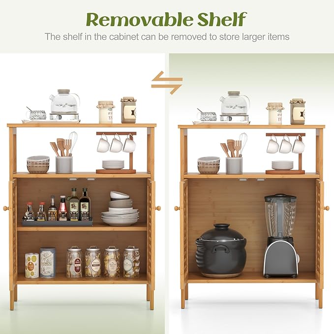 Tangkula Bamboo Floor Cabinet, Bathroom Storage Cabinet with Double Slatted Doors, Open Shelf, Removable Shelf, Storage Organizer for Bathroom Doorway Living Room Kitchen