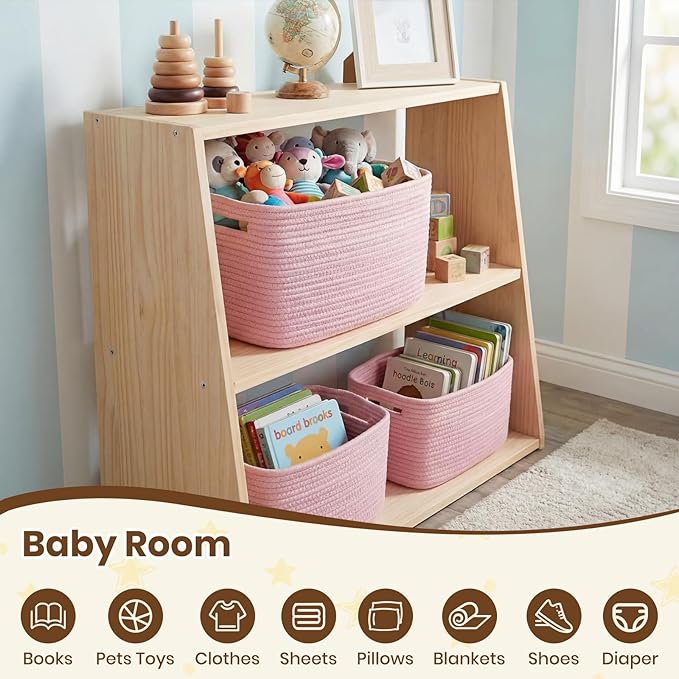 Storage Baskets for Organizing, 14 x 10 x 9” Closet Shelf Woven Baskets, Square Bins with Handles, Cotton Rope Basket for Toys, Clothes, Office, Room, Pink 1 Pack