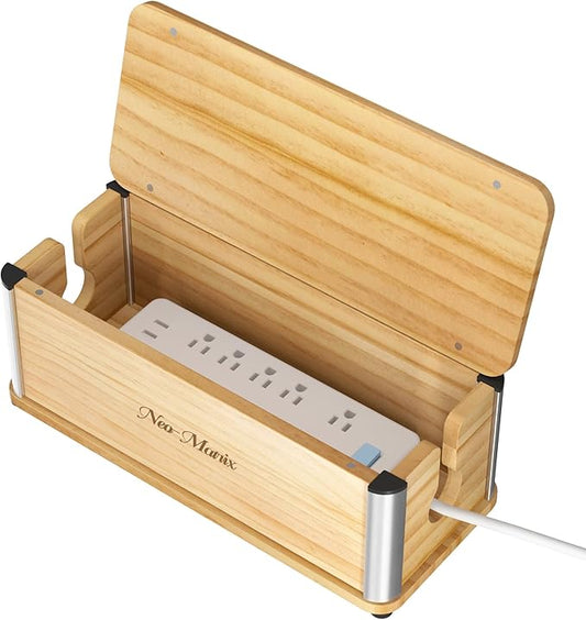 Delamu Wooden Cable Management Box, Retro-Inspired Look Desk Cord Organizer Box for Home Office, Large Cable Organizer Hides Cords and Power Strips, Power Strip Cover, 14.3" x 6.0" x 5.5", White