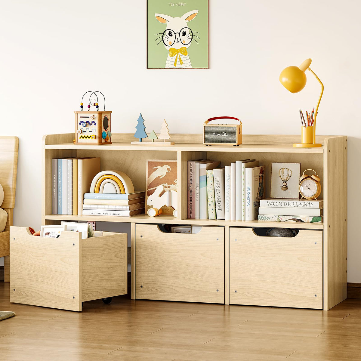 Solid Wood Kids Toy Storage Organizer with 3 Drawers & 2 Cubes - Image 1