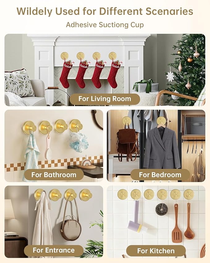 Suction Cup Hooks for Shower, Suction Cup Hooks for Door Wreaths, Robe Towel Hooks Heavy Duty for Bathroom Hanging, Windows, Kitchen, Glass, Mirror, No Drilling, 6 Pack (Gold)