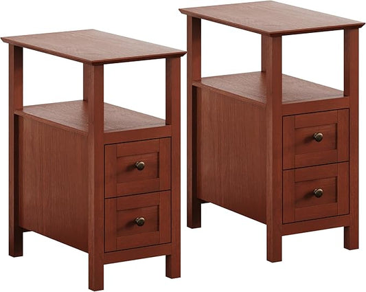 ChooChoo End Tables Living Room Set of 2, 3-Tier Narrow Nightstand with with 2 Drawers, Slim Bedside Tables for Living Room, Bedroom, Small Space, Cherry Brown