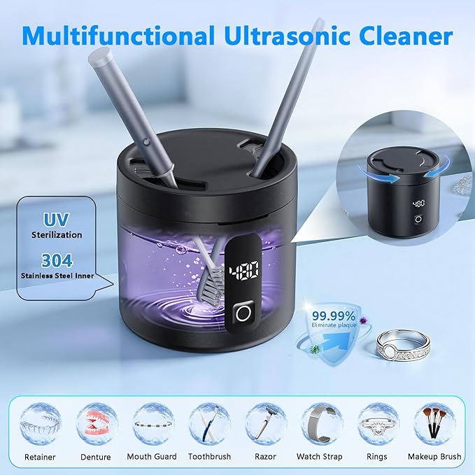 Ultrasonic Retainer Cleaner Machine, 2026 Upgraded Rechargeable 4000mAh Battery | 48kHz Ultrasonic Dental Cleaning Pod for Night Guard, Invisalign, Braces, Denture, Toothbrush and Jewelry - Black