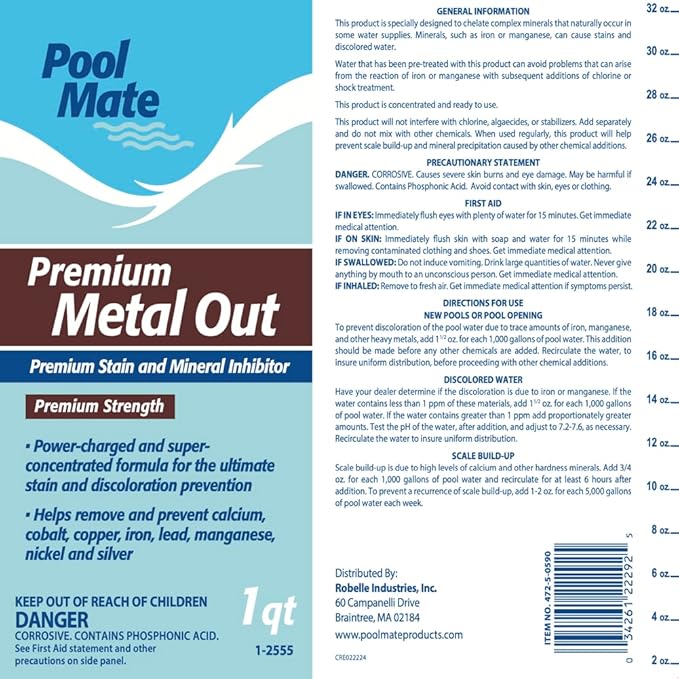 Pool Mate 1-Quart 2-Pack Premium Metal Out Stain and Mineral Inhibitor, Pool Metal Remover, Stain Remover, Made in USA