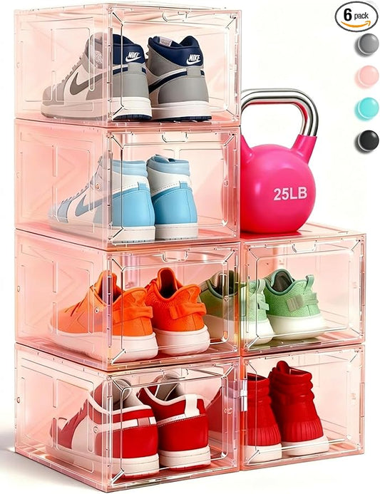 Stackable Clear Pink Shoe Boxes 6 Pack with Magnetic Door, Drop Front Sneaker Storage Organizer for Closet, Large Transparent Plastic Shoe Storage Containers