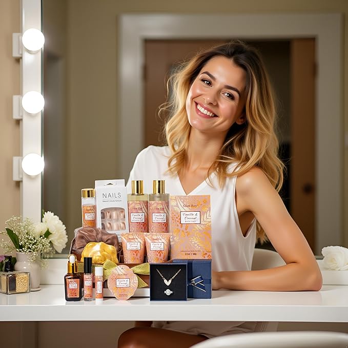 Valentines Day Gifts Luxury Gifts for Women, 16 Pcs Spa Gifts for Woman of Coconut Vanilla Scents Skin Care Kit, Facial Kit with Face Day Cream, Night Cream, Skincare Set in Makeup Storage Box