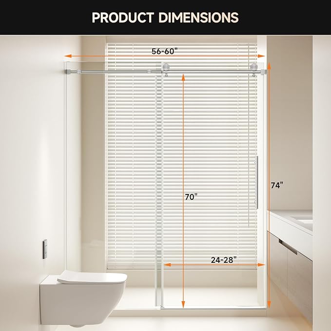 Frameless Shower Door, 56-60" W x 74" H 8mm Single Sliding Shower Door with 5/16" Clear Tempered Glass, Bathroom Glass Door for Walk-in Shower, Brushed Nickel