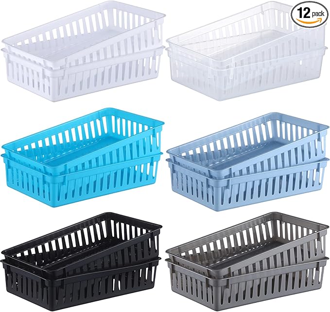 Wenqik Set of 12 Small Plastic Baskets for Organizing 10.24 x 6.5 x 2.36 Inch Pharmacy Baskets Rectangular Trays Plastic Organizer for Office Pharmacy Dorm Kitchens, Closets Shelves(Multi Color)