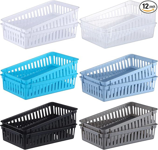 Wenqik Set of 12 Small Plastic Baskets for Organizing 10.24 x 6.5 x 2.36 Inch Pharmacy Baskets Rectangular Trays Plastic Organizer for Office Pharmacy Dorm Kitchens, Closets Shelves(Multi Color)