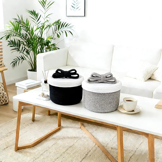 Small Decorative Baskets with Lids, Woven Rope Storage Basket with Lid for Home Decor; Small Boho Storage Basket, Bin and Box for Living Room, Bathroom, Bedroom or Shelf (black)