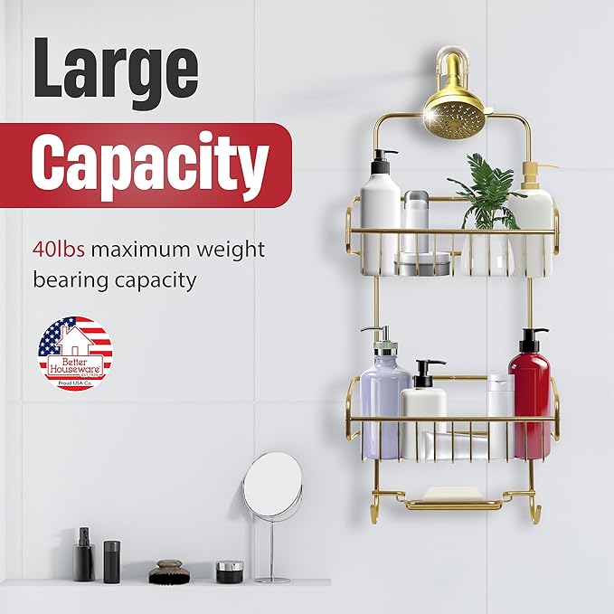 Better Houseware Over the Shower Head Caddy, Rustproof Shower Head Organizer with Hooks & Shelves, Hanging Shower Caddy for Shampoo, Conditioner & Soap, Aluminum Bathroom Rack, Gold