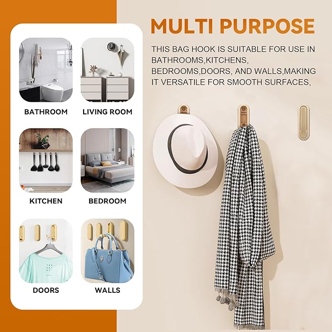 Foldable Hooks Wall Mount, Folding Coat Hooks Wall Mounted - Retractable Space Saving Organizer for Bathroom, Kitchen, Bedroom & Closet - Holds Scarf, Hat, Robe, Key, Purse, Bag (2, Gold)