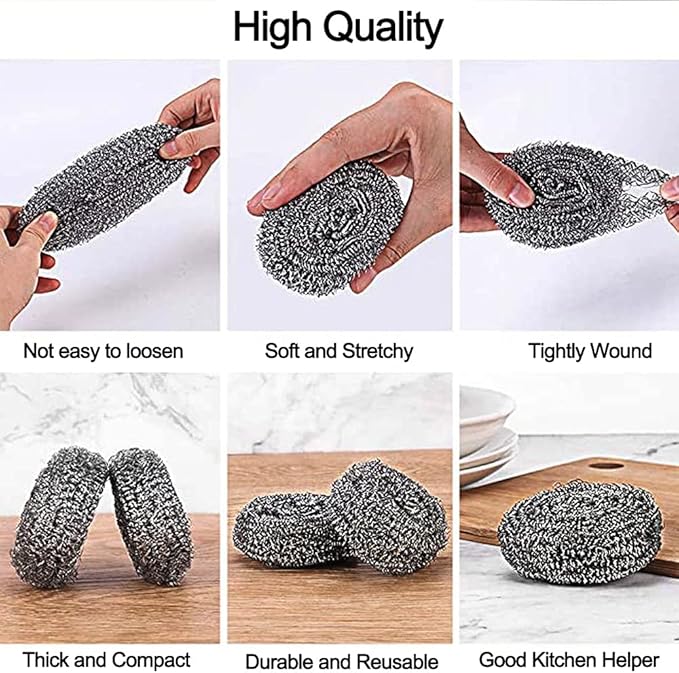 DKKO Stainless Steel Scourers Cleaning Ball Metal Scouring Pads for Kitchens Bathroom Steel Wool Scrubber to Cleaning Dishes Pots Pans Ovens Grills, 12PACK