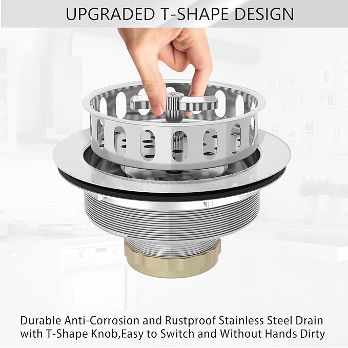 Kitchen Sink Drain 3-1/2 Inch Kitchen Sink Strainer Assembly with T-Shaped Strainer Basket and Drain Stopper for Standard Sink Brushed Stainless Steel