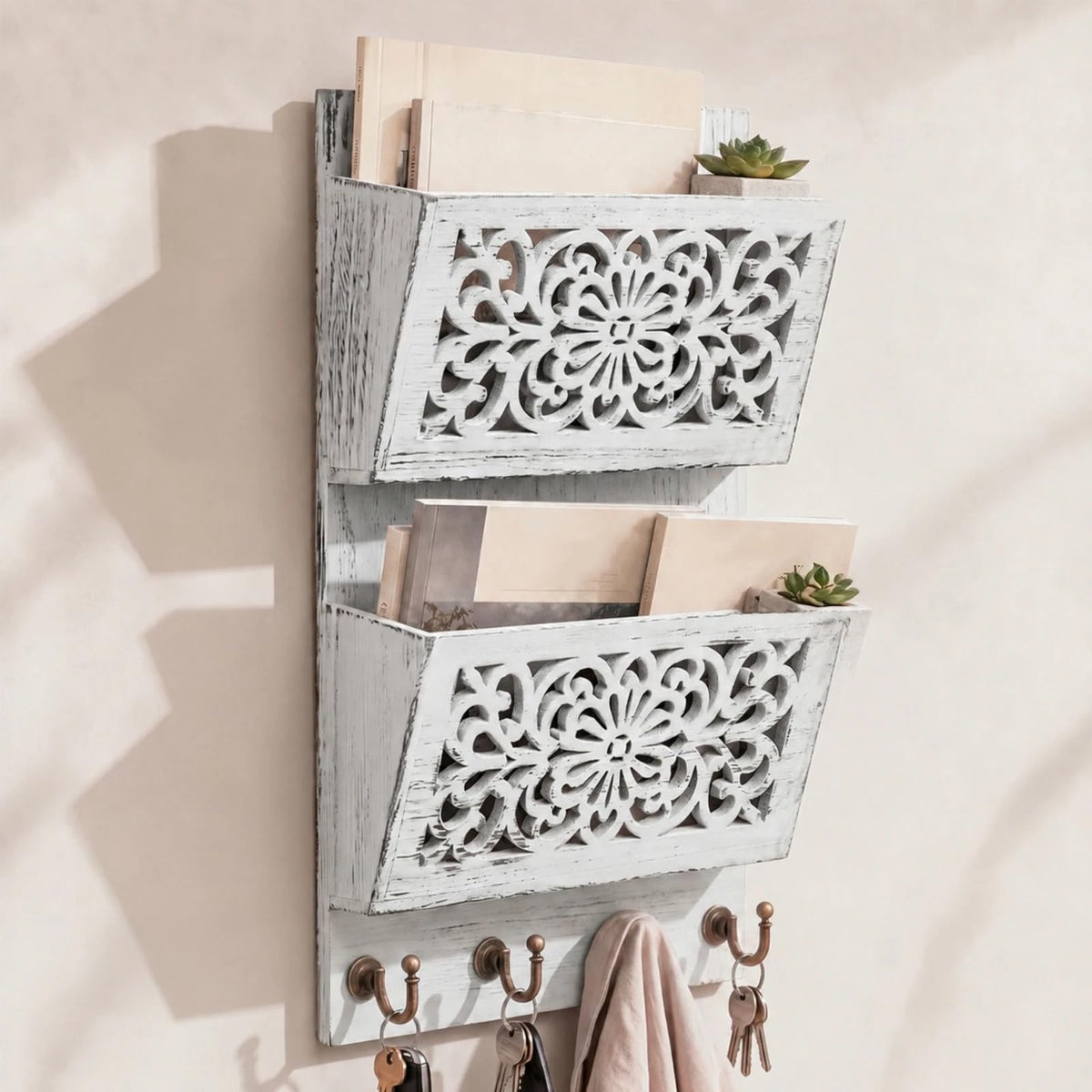 Mail Organizer Wall Mounted with Key Hook, 2-slot Mail Holder - Image 1