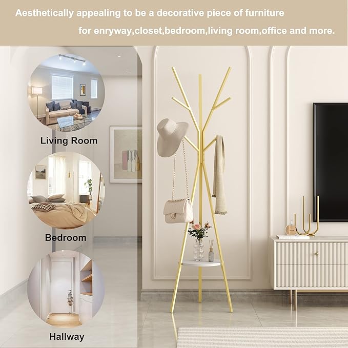 HOME BI Coat Rack Hat Stand Free Standing Display Hall Tree Metal Hat Hanger Garment Storage Holder with 9 Hooks for Clothes Hats and Scarves in Gold,17.72" Wx17.72 Dx70.87