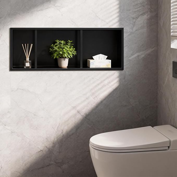 EasyVibe 3-Tier Matte Black 304 Stainless Steel Shower Niche 30 x 12 Inch, No Tile Needed Triple Shelf Recessed Wall Organizer, Pre-Finished Large Storage Insert for Shower & Kitchen