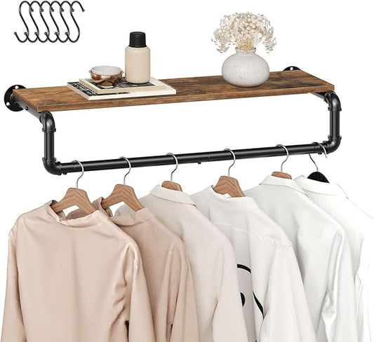 Pipe Clothes Rack, 31.5 in Wall Mounted Garment Rack with Top Shelf, Industrial Clothing Rack with Hanging Rod, Heavy Duty Detachable, Space Saver Hanging Clothes Rack, Rustic Brown FS08BRY1