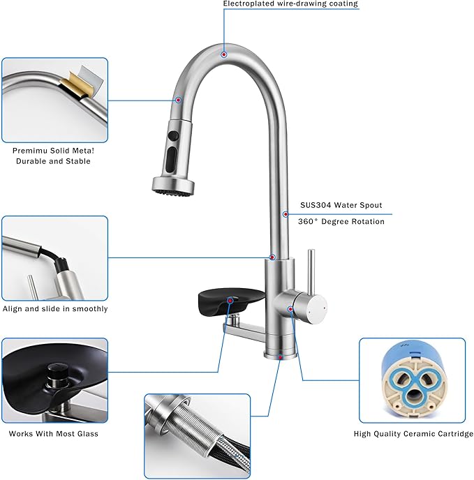 Kitchen Faucet with Glass Rinser, Pull Down Sink Faucet with 3 Spray Modes and High Pressure Glass Rinser, Single Hole 2 in 1 High Arc Stainless Steel Kitchen Faucets (Brushed Nickel)