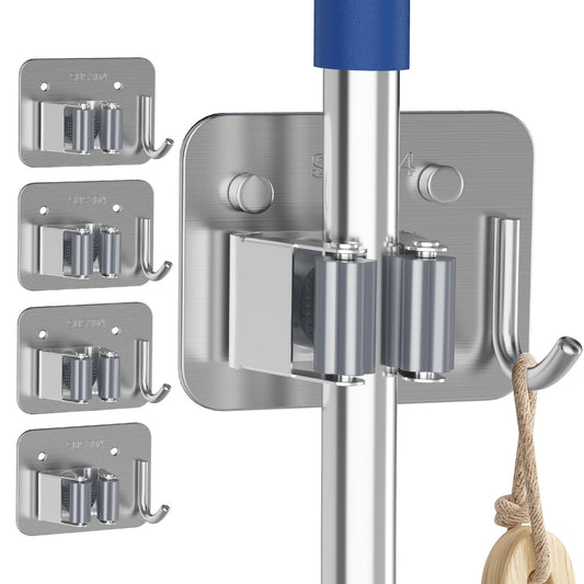 4 Pack Stainless Steel Mop and Broom Holder Wall Mount - Image 1