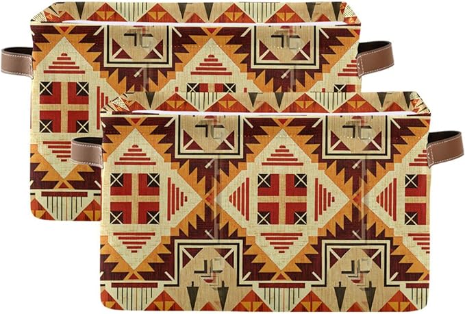Storage Basket Native American Style Storage Bin Cube with Handles Foldable Storage Baskets for Shelves Living Room Home Decor 2PCS