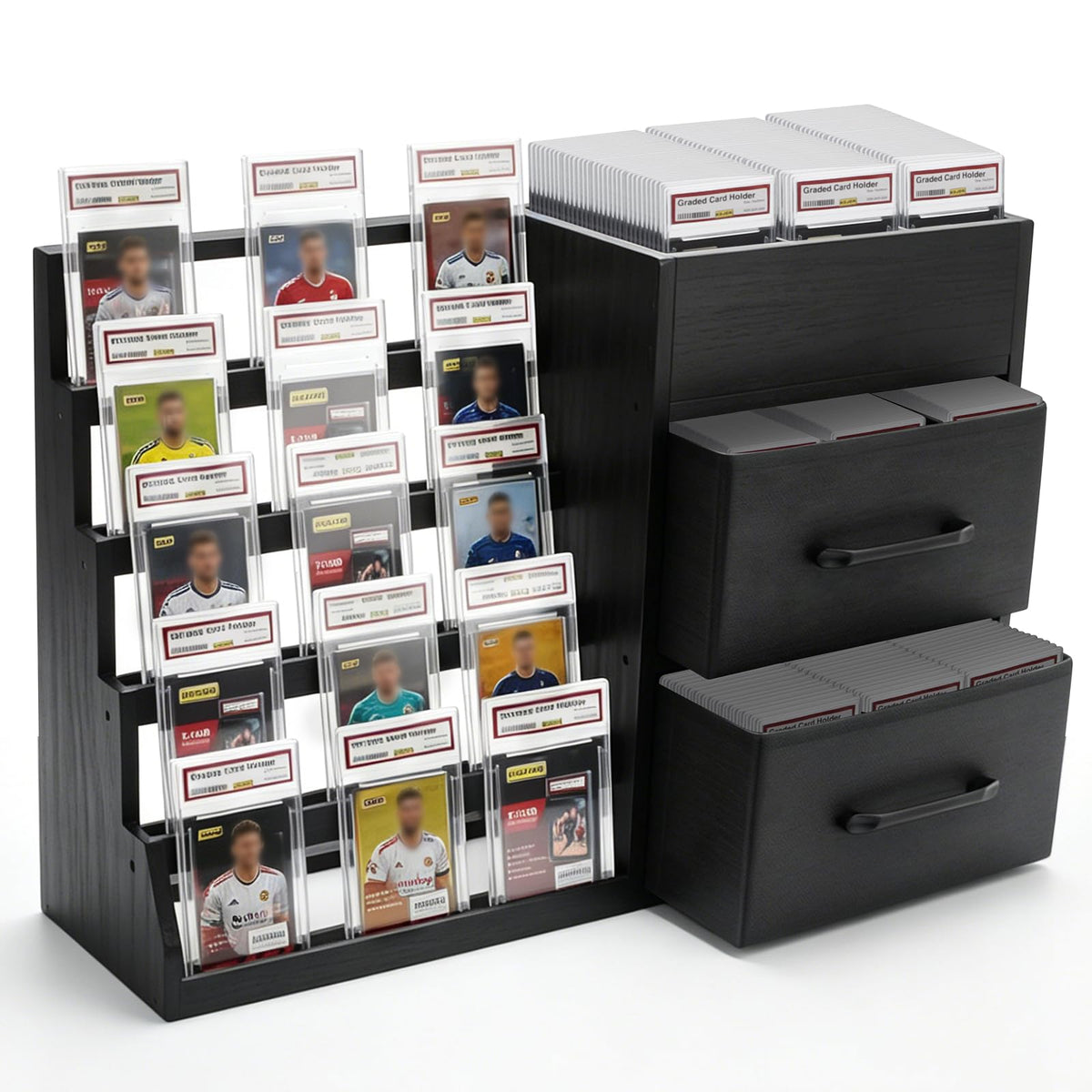 Trading Card Display Stand with 2 Fabric Drawers for Desk - Image 1
