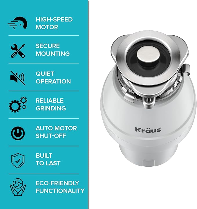 KRAUS WasteGuard 1/2 HP Continuous Feed Garbage Disposal with Ultra-Quiet Motor for Kitchen Sink with Power Cord and Flange Included, KWD201-50MCG