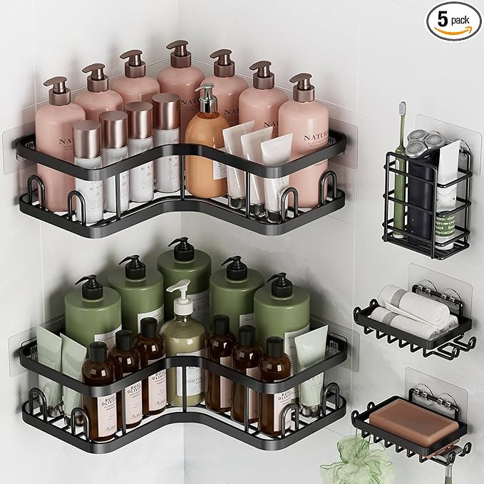 Veken Corner Shower Caddy 5-Pack, Advanced Rustproof Design, No Drilling Adhesive Shelves, Rack with Soap Holder, Large Capacity Bathroom Organizers and Storage, Wall-Mounted Kitchen&Home Decor,Black