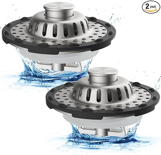 Metal 2 Pack Bathtub Drain Stopper with Top Hair Catcher, 3 in 1 Pop-up Bathtub Strainer, Tub Stopper with Detachable Stainless Steel Filter Basket for Standard 1.5 to 2.4'' Drain, Brushed Nickel