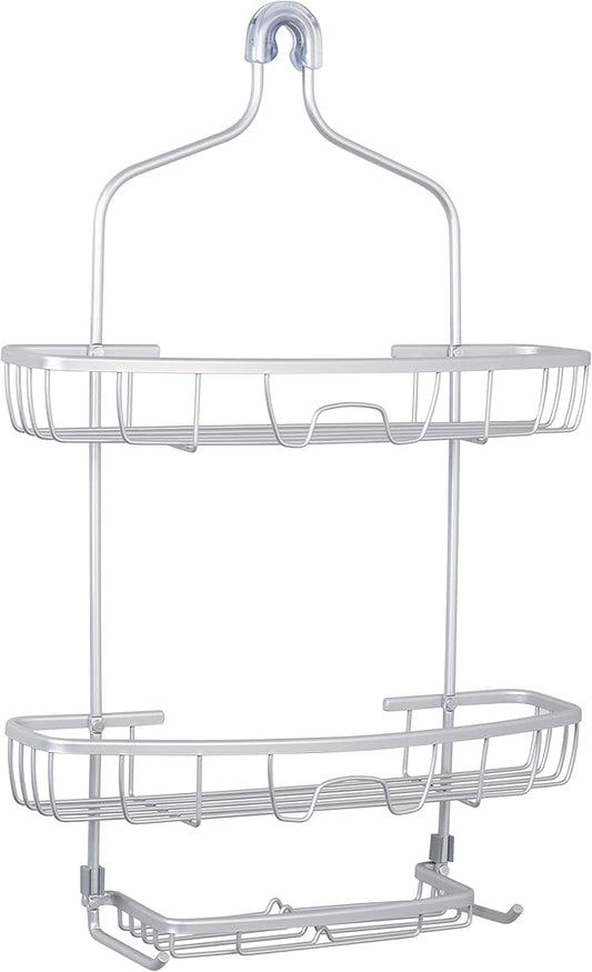 Zenna Home NeverRust Shower Caddy Hanging Bathroom Organizer, Aluminum Shower Rack with 2 Extra Wide Shelves and Built in Hooks, Over Shower Head Storage System, Satin Chrome