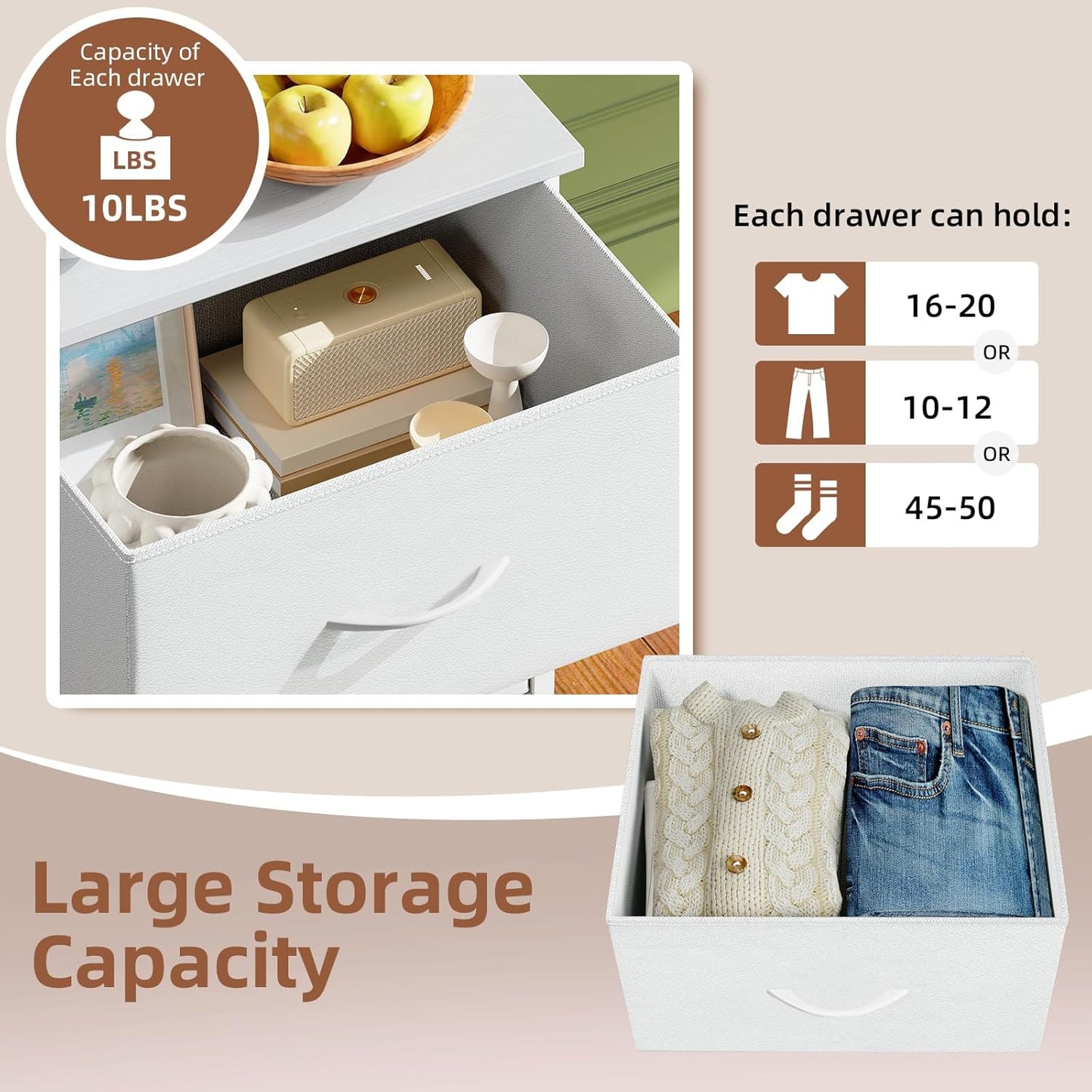Somdot Dresser for Bedroom, 4 Drawer Storage Cabinet, White | Tall Nightstand Fabric Dresser with Removable Bins, Steel Frame and MDF Wood Top, Closet, Nursery, Dorm or Entryway Storage