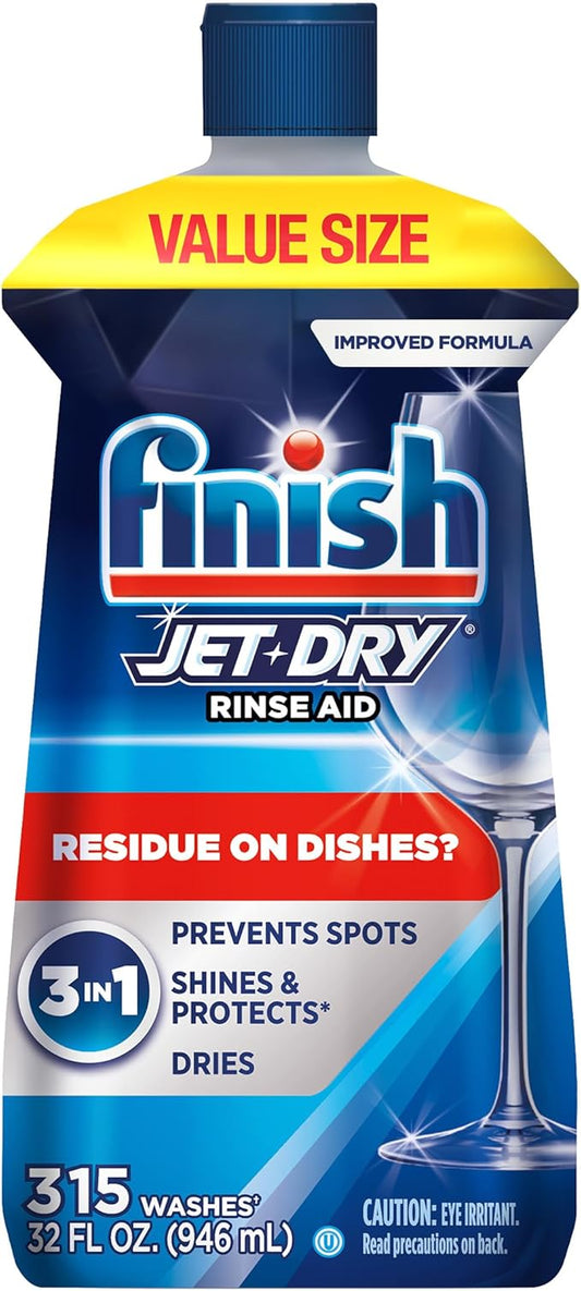 Finish Jet-Dry Dishwasher Rinse Aid, Compatible with Dishwasher Detergent, Prevents Spots & Residues, Dries, Shine & Protects, 32 oz, 315 washes
