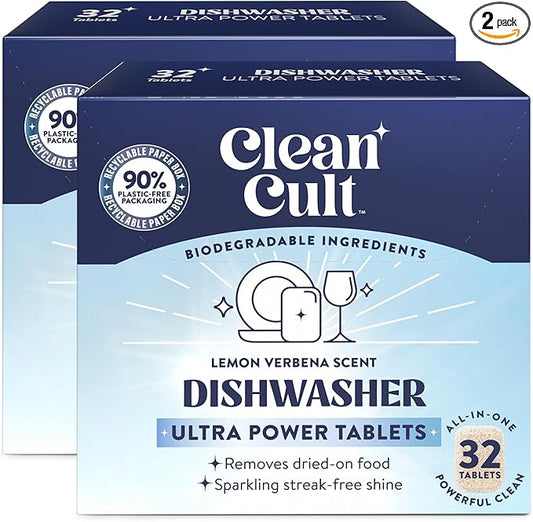 Cleancult Ultra Power Dishwasher Detergent Pods for Sparkling Streak-Free Shine, All-In-One, No Plastic Waste, 64 Count