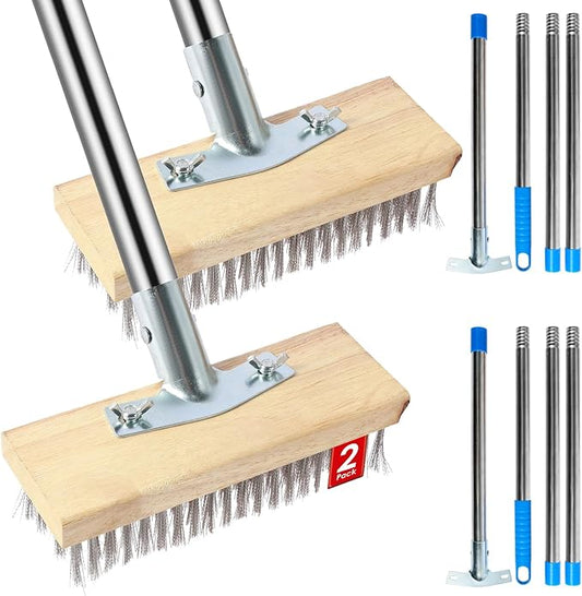 2 Pack Stainless Steel Floor Scrub Brush with 4 Section Detachable Pole, 65” Deck Stain Brush with Long Handle, Push Broom Outdoor Heavy Duty for Concrete Floor Patio Garden Garage Swimming Pool