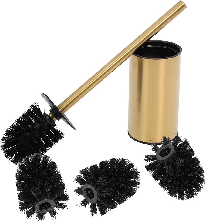 HEMOTON Stainless Steel 304 Toilet Brush and Holder Set Round Gold Bathroom Cleaning Brush with 3 Replacement Heads Standing Toilet Bowl Kit for Home Bathroom Accessories
