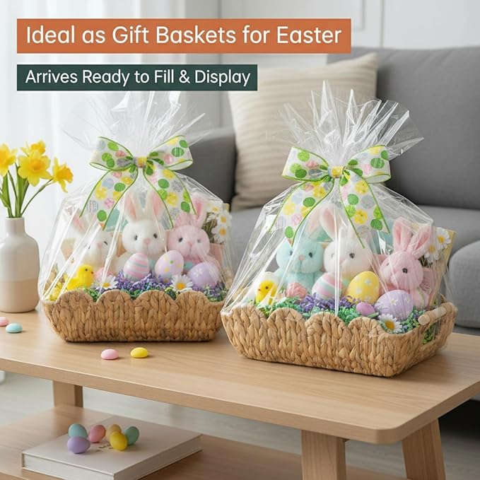 Small Wicker Basket 2 Pack,Scalloped Basket for Organizing and Decor,Natural Water Hyacinth Storage Baskets with Wooden Handles for Gifts,Snack,Shelves